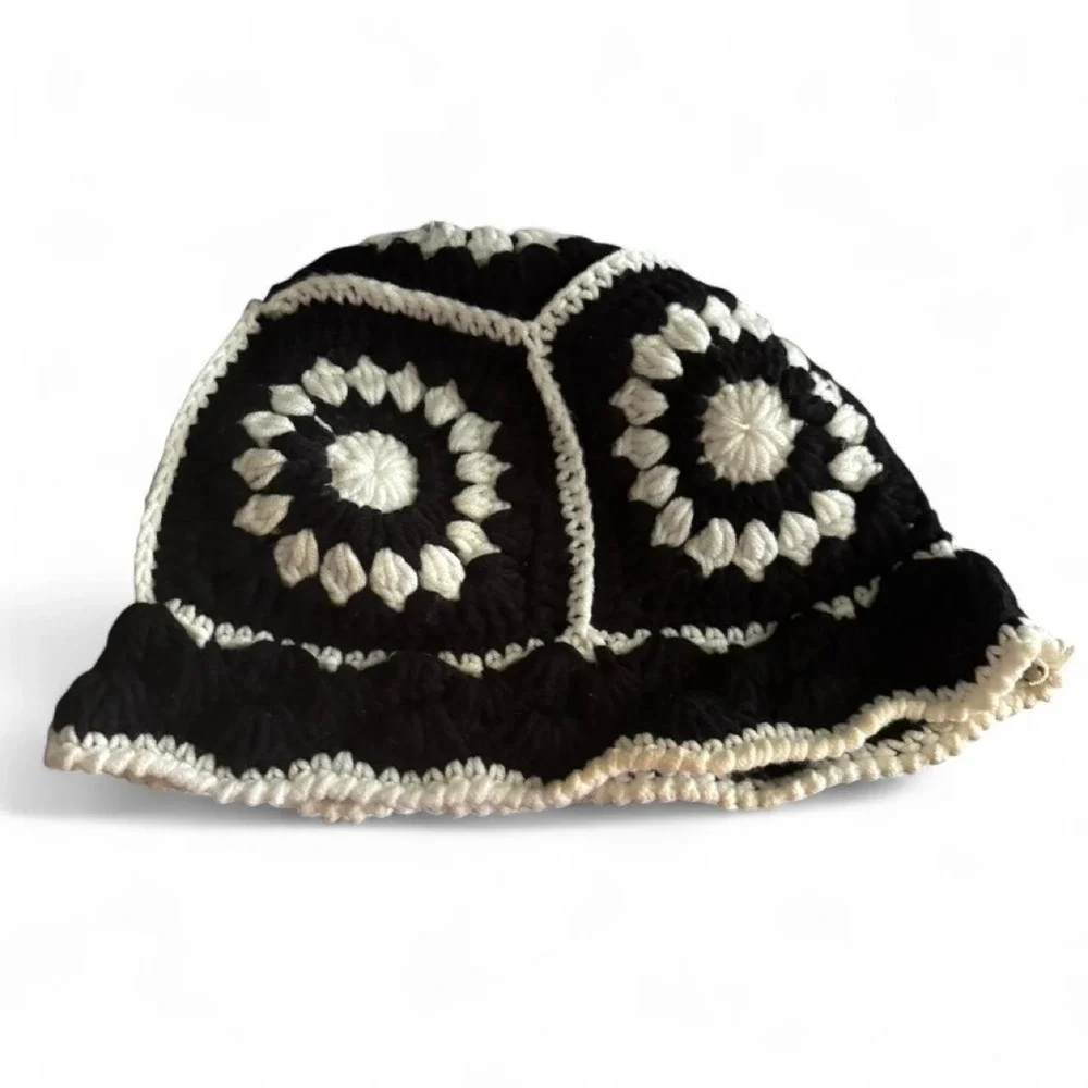 Handmade black and white crochet bucket hat